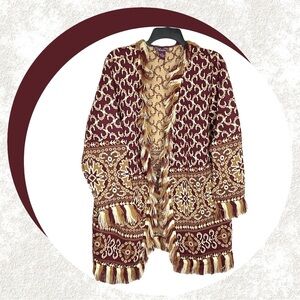 Artistica Burgundy, Tan, Beige Long Cardigan Sweater w Fringe on Edges Women 1X